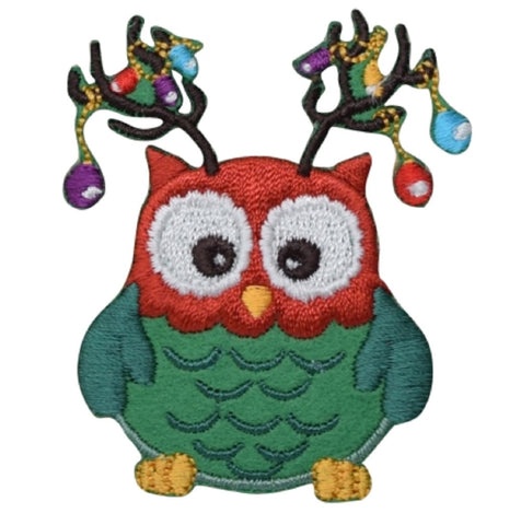 Christmas Owl Applique Patch - Antlers, Ornaments 2-3/8" (Iron on) - Patch Parlor