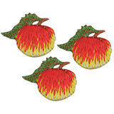Three peach-shaped applique patches with a green leaf detail, designed to be ironed onto fabric.