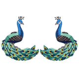 A set of two embroidered peacock applique patches with iron on backing, featuring blue and green colors.