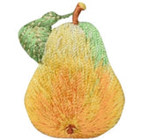 A embroidered pear applique patch with green, yellow, and brown colors and a stem on top.