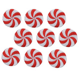 A collection of red and white peppermint candy shaped applique patches with an embroidered design, arranged in a grid pattern.