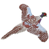 An embroidered patch depicting a ring-necked pheasant in flight with a multi-colored feather design.
