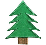 A embroidered green pine tree applique patch with an iron on backing.