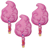 Three pink cotton candy applique patches with a swirl pattern, designed as badges, suitable for iron on application.