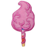 Embroidered patch shaped like a tuft of fluffy pink cotton candy on a stick
