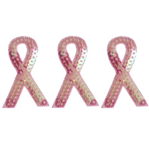 Pink Ribbon Applique Patch - Sequin, Breast Cancer Awareness 2" (3-Pack, Iron on) - Patch Parlor