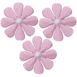 Three pink embroidered daisy applique patches with a white center, designed for iron-on application.