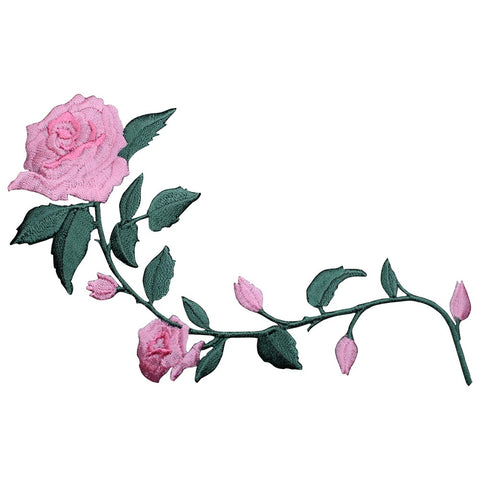 Pink Rose Applique Patch - Long Stem, Flower Badge 5.5" (Iron on) - Patch Parlor