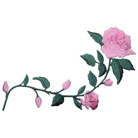 Pink Rose Applique Patch - Long Stem, Flower Badge 5.5" (Iron on) - Patch Parlor
