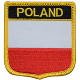 A shield-shaped embroidered patch with the text 'POLAND' and the colors of the Polish flag, red and white, with a yellow border.