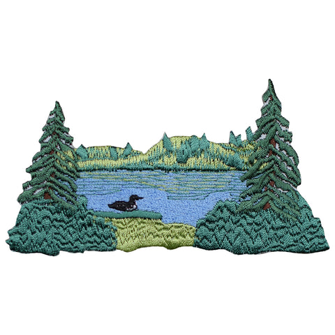 Pond, Divers Loon, Nature Scene Applique Patch - Duck, Pond, Trees 4" (Iron on) - Patch Parlor