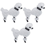 Three white poodle-shaped patches with black details and a black collar, designed to be ironed onto fabric.