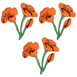 Three embroidered patches depicting orange poppy flowers with green stems on a white background.