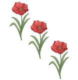 Three embroidered patches depicting red poppy flowers with green leaves on a white background, designed for iron-on application.