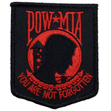 A black and red embroidered patch with 'POW MIA' text and a silhouette of a soldier, with the phrase 'YOU ARE NOT FORGOTTEN' at the bottom.
