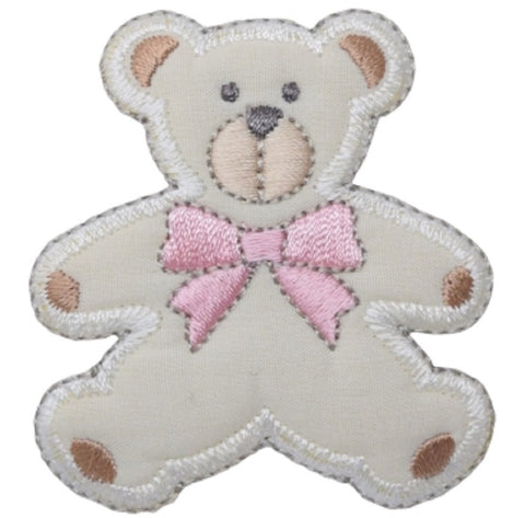Puffy Teddy Bear Applique Patch - Pink Bow 2-3/8" (Iron on) - Patch Parlor