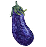 A embroidered eggplant applique patch with purple and green colors.