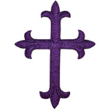 A purple cross applique patch with intricate detailing, designed as a Christian badge, intended for iron on application.