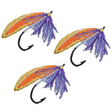 Three embroidered patches designed to resemble fly fishing lures with orange bodies and purple feathers.