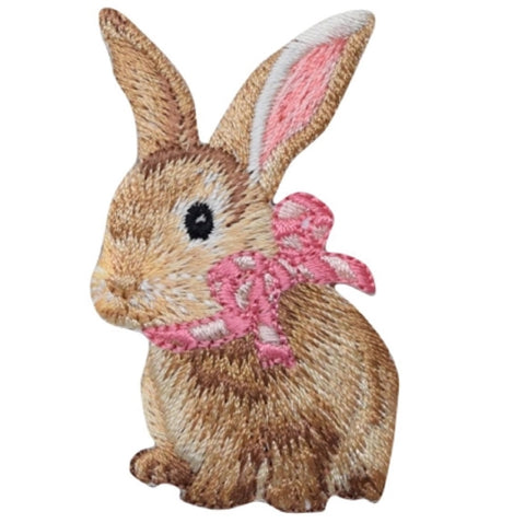 Bunny Rabbit Applique Patch - Baby Cottontail, Pink Bow 2-3/8" (Iron on) - Patch Parlor
