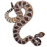 A embroidered snake applique patch with a diamond pattern in brown and white colors.
