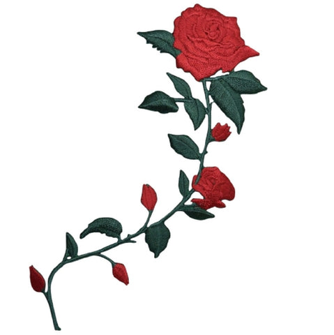 Red Rose Applique Patch - Long Stem, Love, Flower Badge 5.5" (Iron on) - Patch Parlor