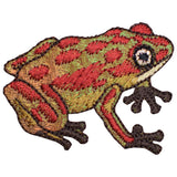 A shiny red frog applique patch with a 2-inch size, designed for iron-on application.