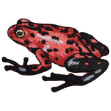 A red and black frog applique patch with detailed embroidery designed for iron on application.