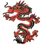 A large red, black, and gold embroidered patch depicting a dragon, designed to be ironed onto fabric.