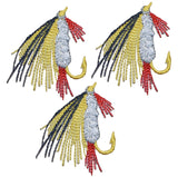 Three fly fishing lure applique patches with yellow marabou design, featuring iron on backing, set against a white background.