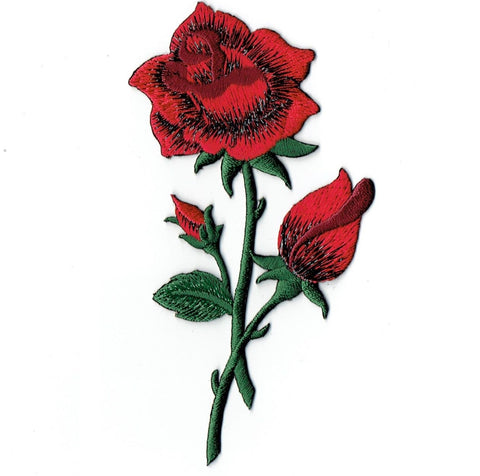 Red Roses Applique Patch - Long Stem and Flowers 4.75" (Iron on) - Patch Parlor