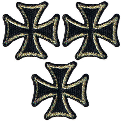 Maltese Iron Cross Applique Patch - Black, Gold Badge 1" (3-Pack, Iron on) - Patch Parlor