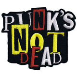 An applique patch with the text 'PUNK'S NOT DEAD' in a bold, graphic style, predominantly black with red, yellow, and white colors.