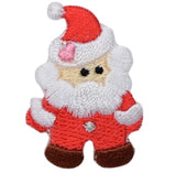 A embroidered Santa Claus applique patch with a red suit, white beard, and a brown base, designed for iron-on application.