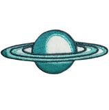 A patch depicting the planet Saturn with blue rings and a white core.