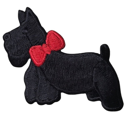 Scottie Applique Patch - Facing Left, Black Dog, Red Bow, Puppy 3" (Iron on)