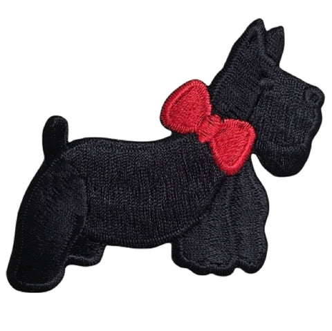 Scottie Applique Patch - Black Dog, Red Bow, Puppy 3" (Iron on) - Patch Parlor