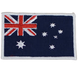An embroidered patch featuring the Australian flag with a  blue background and a small red and white flag on the top right corner.