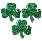 Three green sequin clover applique patches with an iron on backing.