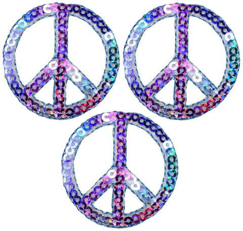 Multicolor Peace Sign Applique Patch - Sequin Hippie Badge 1.5" (3-Pack, Iron on)