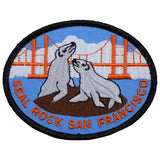 A round patch featuring two seals on a rock with the text 'Seal Rock San Francisco' and a bridge in the background.