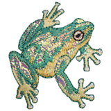 A colorful embroidered patch depicting a frog in a shiny texture design.