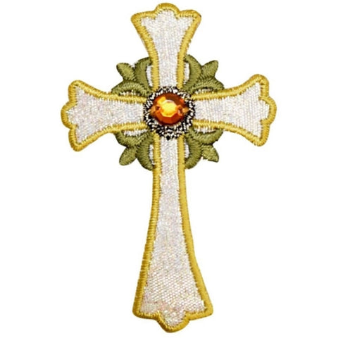 Cross with Jewel Applique Patch - Silver, Gold, Christian, Catholic 2.5" (Iron on) - Patch Parlor