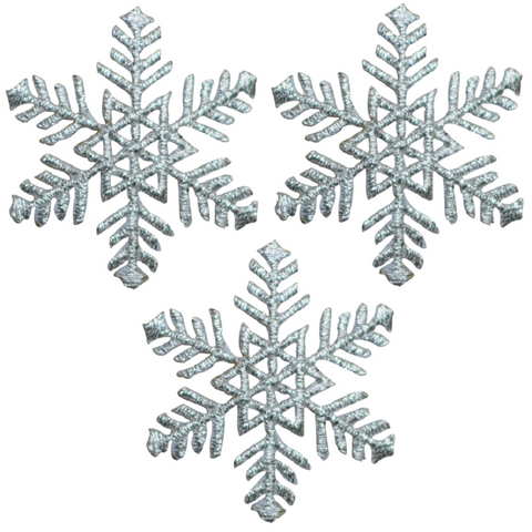 Snowflake Applique Patch - Snow, Metallic Silver, Winter 1.75" (3-Pack, Iron on) - Patch Parlor