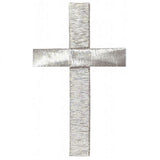 A silver-colored cross applique patch with a textured finish designed for iron on application.
