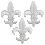 Three silver metallic thread embroidered fleur de lis patches on a white background.