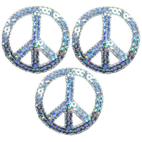 Silver Peace Sign Applique Patch - Sequin Hippie Badge 1.5" (3-Pack, Iron on)