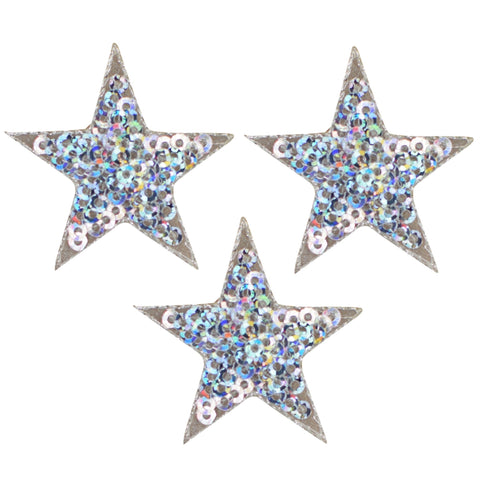Sequin Star Applique Patch - Silver Badge 1.5" (3-Pack, Iron on)