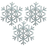Three silver snowflake patches on a white background
