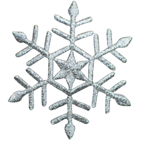 Snowflake Applique Patch - Snow, Winter, Metallic Silver Badge 2-3/8" (Iron on)